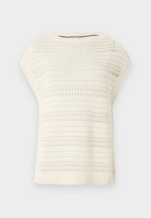 Elfenbeinfarbenes Strickoberteil mit Durchbrüchen und geripptem Saum. Verfügt über eine lockere Passform und kurze Ärmel für Atmungsaktivität und Komfort.