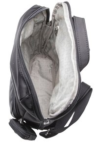 Borsa nera in nylon con scomparti con zip e un interno grigio caratterizzato da un motivo sottile. Inclusi spallacci. Design semplice e funzionale.