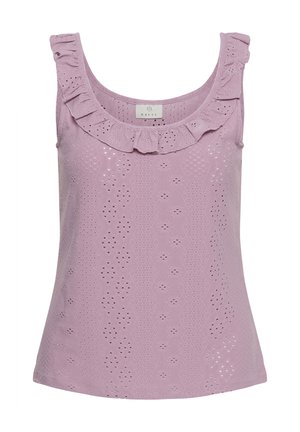 Haut sans manches en dentelle lavande avec encolure enroulée à volants et motif floral ajouré sur toute la surface.