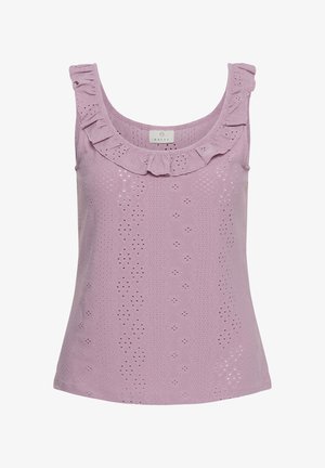 Ärmelloses Lavendelfarbenes Spitzen-Top mit gerafftem Rundhalsausschnitt und durchgehendem floralen Lochmuster.