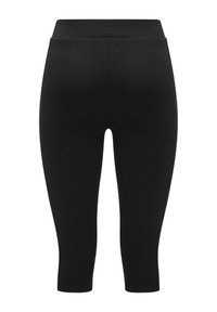 Fekete, bordázott, háromnegyed hosszúságú leggings széles derékkal. Sima textúrájú és feszes kialakítású, látható hardver vagy mintázat nélkül.