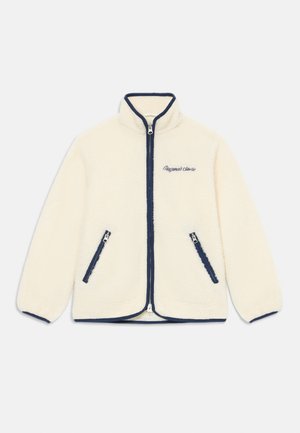 Fleecejacke in Cremefarbe mit marineblauen Akzenten; Reißverschluss vorne, hoher Kragen und zwei Reißverschlusstaschen an den Seiten. Mit gesticktem Text.