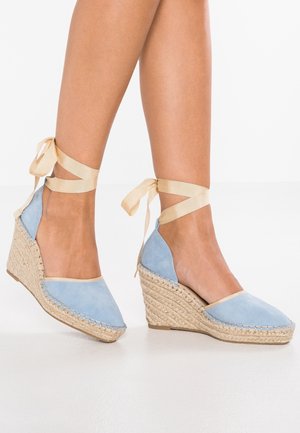 Hellblaue Espadrille-Schuhe mit beigen Riemen zum Umschnüren des Knöchels, getragen an nackten Füßen vor weißem Hintergrund.