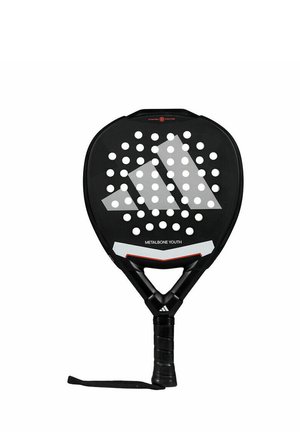 Schwarzes Paddel mit runder Form, ausgestattet mit weißen Löchern und einem auffälligen Adidas-Logo. Texturierter Griff mit einem Handgelenkband.