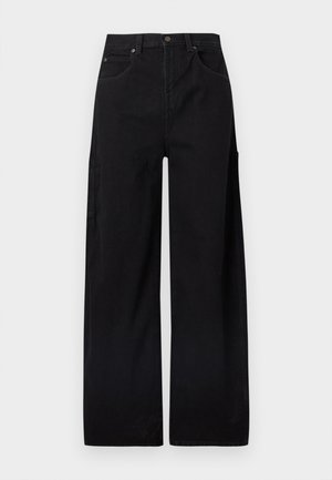 Pantalones anchos de pierna negra hechos de mezclilla de algodón, con cintura alta, dos bolsillos delanteros y un bolsillo lateral tipo cargo para mayor funcionalidad.