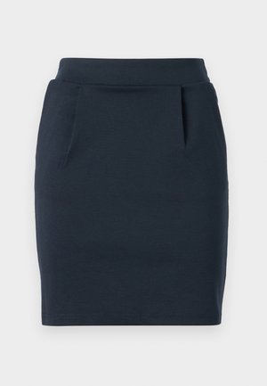 Navy blue stretch jersey skirt with a fitted silhouette, featuring a smooth waistband and two front pockets.