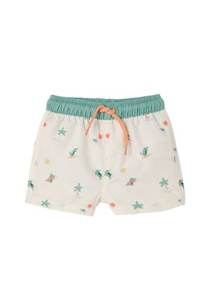 Kinder-Badeshorts mit türkisem elastischem Bund, orangefarbenem Kordelzug und verspielten Mustern mit Alligator, Palme, Sonne und Wellen auf weißem Stoff.
