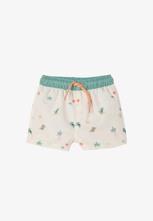 Kinder-Badeshorts mit türkisem elastischem Bund, orangefarbenem Kordelzug und verspielten Mustern mit Alligator, Palme, Sonne und Wellen auf weißem Stoff.