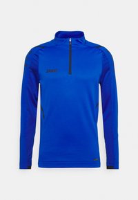 Blauwe sportjack met een halve rits, gemaakt van vochtafvoerende stof. Kenmerkt zich door zwarte accenten en meshpanelen aan de zijkanten en mouwen.