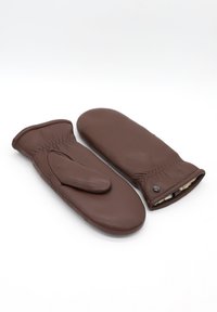 Braune Lederhandschuhe mit glatter Textur, elastischen Bündchen und einer gesteppten Detail am Handgelenk für einen sicheren Sitz. Ein Handschuh hat einen Daumenplatz.