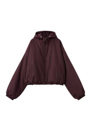 Jachetă cu glugă, mov închis, cu mâneci lungi, fermoar frontal, buzunare laterale și manșete și tiv elastic.
