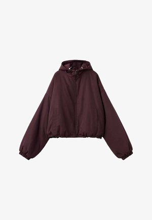 Jachetă cu glugă, mov închis, cu mâneci lungi, fermoar frontal, buzunare laterale și manșete și tiv elastic.