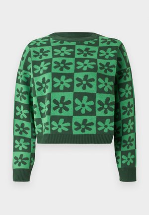 Green cropped sweater featuring a checked pattern with dark green flower designs, round neckline, and ribbed cuffs and hem.