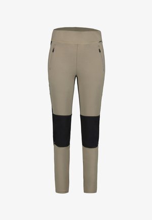 Pantalons légers et ajustés en khaki avec des panneaux noirs aux genoux, dotés de deux poches latérales zippées et d'une taille sans couture pour plus de confort.