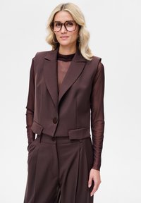 Brązowa, dopasowana kamizelka z klapą, zapinana na jeden guzik, z przednimi kieszeniami, w zestawie z przezroczystą bluzką z długim rękawem i dopasowanymi, wysokim stanem spodniami.