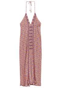 Vestido maxi floral en morado claro, con tirantes halter, escote pronunciado y detalle de botones en el delantero. El patrón incluye flores amarillas y azules.