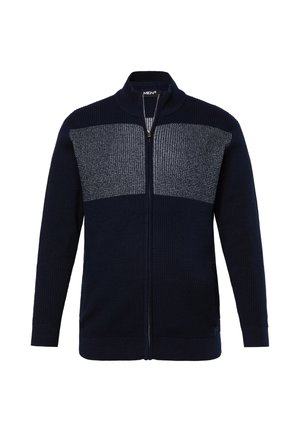 Marineblå zip-sweater med struktureret strik og glat panel i den øverste sektion. Har lange ærmer og ribbede manchetter og kant.
