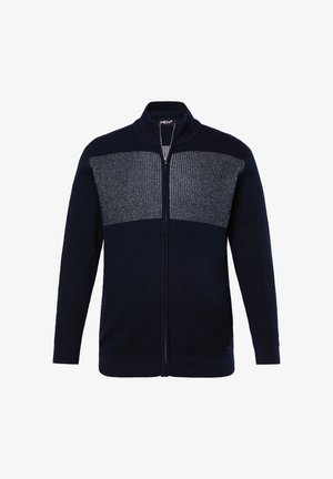 Navy Zip-Up-Pullover mit strukturiertem Strick und glattem Einsatz im oberen Teil. Verfügt über lange Ärmel sowie gerippte Ärmelbündchen und Saum.
