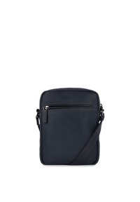 Borsa a tracolla in pelle blu navy con una texture liscia, tasca frontale con zip e tracolla regolabile. Caratterizzata da cuciture a contrasto e un design minimale.