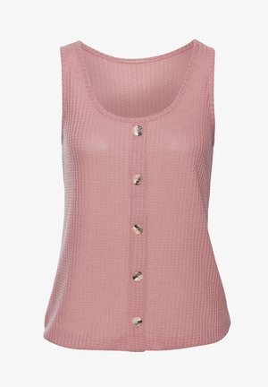 Haut sans manches rose avec un tissu texturé, col rond et cinq boutons métalliques sur le devant. Design doux et léger.