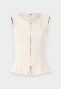 Beige ärmlös topp med rund halsringning, dragkedja fram och fransad nederkant. Lätt figursydd design med en texturerad tyg.