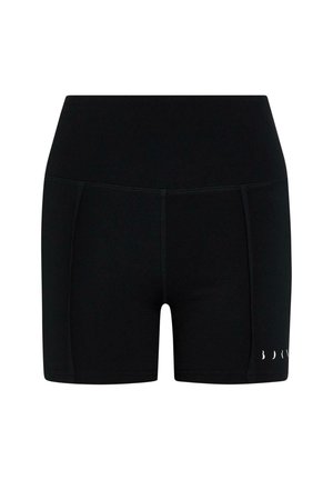 Svart treningsshorts laget av elastisk materiale. Har høy midjebånd, glatt tekstur og diskret merke i hvitt ved kanten.