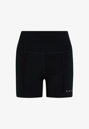 Svarta träningsshorts i elastiskt material. Har en hög midja, slät yta och diskret logotyp i vitt vid fållen.