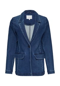 Denim blazer in donkerblauw met contrasterende stiksels, met gelapte revers, enkele knoopsluiting en twee voorzakken. Vlotte textuur.