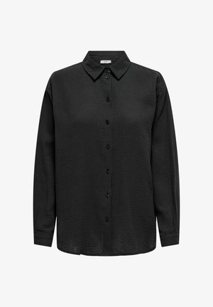 Chemise noire à manches longues avec un devant à boutonnière, col mandarin, tissu texturé et ourlet droit. Comprend des boutons noirs et une coupe décontractée.