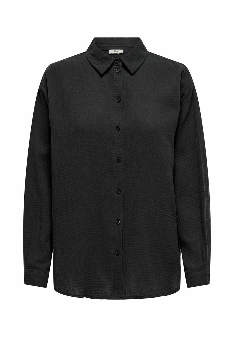 Zwarte langemouwen shirt met een knoopsluiting aan de voorkant, mandarenkraag, gestructureerde stof en een rechte zoom. Beschikt over zwarte knopen en een losse pasvorm.