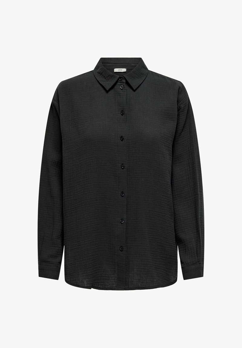 Zwarte langemouwen shirt met een knoopsluiting aan de voorkant, mandarenkraag, gestructureerde stof en een rechte zoom. Beschikt over zwarte knopen en een losse pasvorm.