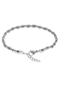 Bracelet en métal argenté torsadé avec un fermoir de type homard et une chaîne d'extension, présentant une finition lisse et polie ainsi qu'un tissage complexe.