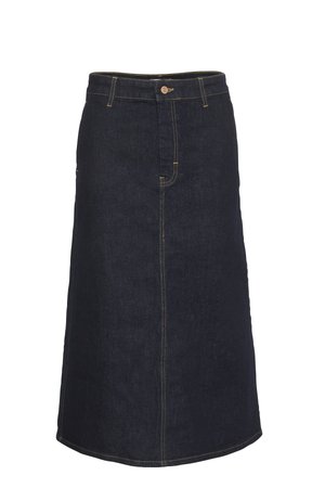 Dunkelblaues Jeans-Midikleid mit gerader Silhouette, ausgestattet mit einer vorderen Knopfleiste und kontrastierendem gelbem Nähen.