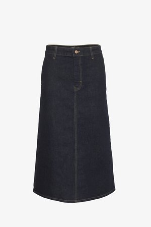 Dark denim midi skirt with a straight silhouette, featuring a front button closure and contrasting yellow stitching.