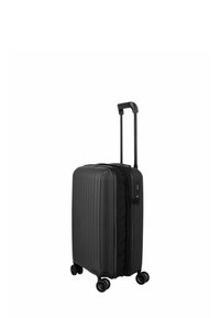 Valise rigide noire de taille cabine avec une texture en relief horizontal, poignée rétractable et quatre roulettes multidirectionnelles. Elle dispose d'une ouverture zippée.