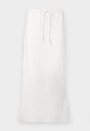 Hvit lin maxi-skjørt med elastisk midjebånd og snøring. Glatt tekstur, rett silhuett og knelange snitt.