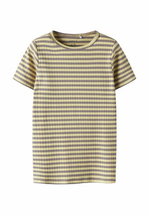 Gestreiftes kurzärmliges T-Shirt in Gelb und Grau mit gerippter Textur und rundem Ausschnitt. Lässige Passform mit horizontalen Streifen.