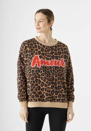 Sweatshirt à motifs léopard, orné d'un graphisme "Amour" rouge, avec un col et des poignets côtelés, une coupe décontractée et une texture de tissu douce.