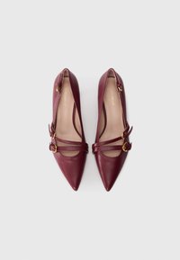 Burgundské kožené boty s špičatou špičkou a dvěma křížícími se pásky se zlatými sponami. Hladký povrch s elegantním designem.