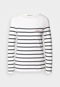 Langarm gestreept T-shirt van witte katoen, met horizontale marineblauwe strepen en een klein rood logo op de borst. Klassieke ronde halslijn.