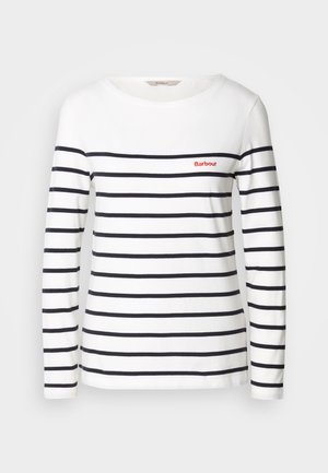 Langarm gestreept T-shirt van witte katoen, met horizontale marineblauwe strepen en een klein rood logo op de borst. Klassieke ronde halslijn.