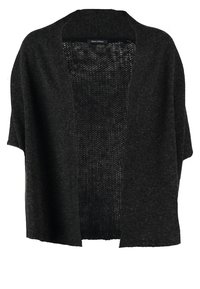 Cardigan tricoté gris foncé à ouverture frontale avec manches courtes et panneau tricot texturé au centre, étiquette de la marque visible à l'intérieur du col.