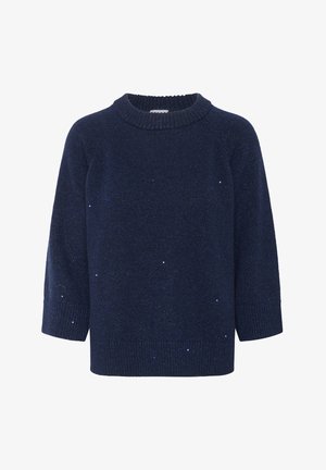 Tumši zilā džemperis ar ribotu apaļu kaklu un trīs ceturtdaļu piedurknēm. Spīdīgas pleķi un teksturēta apdare noslēdz dizainu.