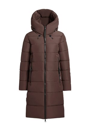 Abrigo tipo puffer marrón con un cuello alto, cierre de cremallera en la parte delantera y dos bolsillos laterales con cremallera. Diseño acolchado texturizado con un corte holgado y capucha ajustable.