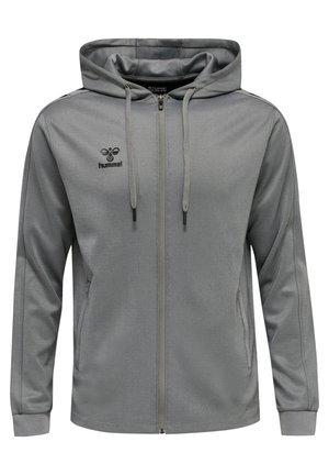 Grå zip-up hættetrøje lavet af letvægtsstof, med et logo på venstre bryst, to sidelommer og ribbede manchetter.