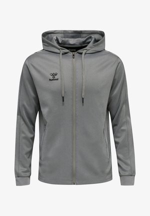 Szara kurtka z kapturem zapinana na zamek, wykonana z lekkiego materiału, z logo na lewej piersi, dwoma bocznymi kieszeniami i ściągaczami przy mankietach.