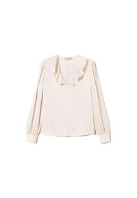 Blusa a maniche lunghe rosa chiaro con scollo arricciato, tessuto morbido e polsini arricciati, caratterizzata da una vestibilità rilassata e un design minimalista.