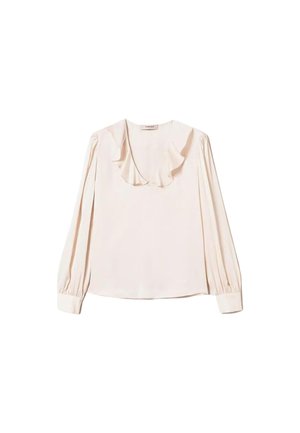 Blusa a maniche lunghe rosa chiaro con scollo arricciato, tessuto morbido e polsini arricciati, caratterizzata da una vestibilità rilassata e un design minimalista.