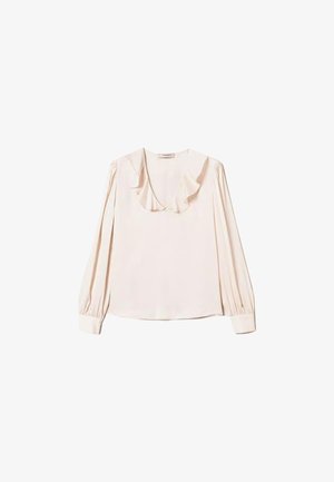 Blusa a maniche lunghe rosa chiaro con scollo arricciato, tessuto morbido e polsini arricciati, caratterizzata da una vestibilità rilassata e un design minimalista.