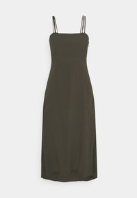 Vestido midi verde oliva oscuro con finas tirantes dobles, escote recto y cierre lateral con cremallera.